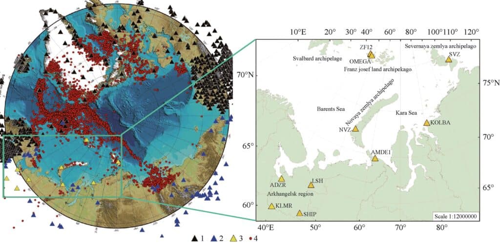 Arctic seismic monitoring (seismicity and stations), 2015–2021, and the Russian Arkhangelsk Seismic Network (as of 2023)