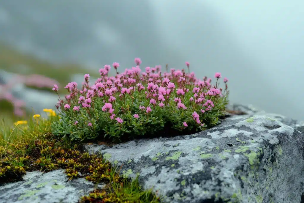 A group of bright pink flowers grow on a lichen and moss covered rock