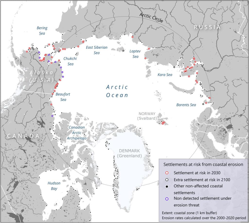 Map showing Arctic settlements potentially at risk of coastal erosion between 2030-2100