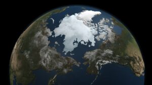 Image of Arctic sea ice extent north of the Bering Sea, generated by satellite imagery