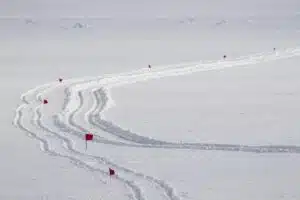 Red flags on a snowy road