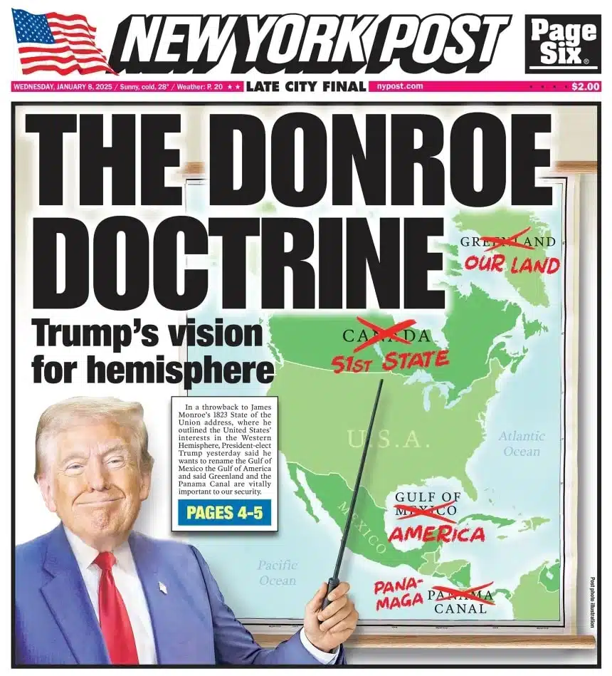 Frontpage of newspaper with bold writings highlighting the donroe doctrine, and man pointing stick at green map