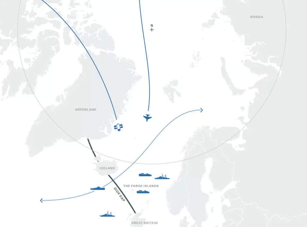 Map with grey and white contours and blue arrows highlighting trajectories, as well the GIUK gap
