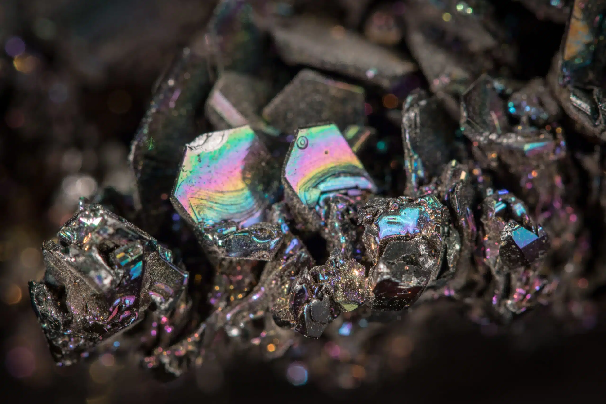 Rainbow and gray colored minerals up-close