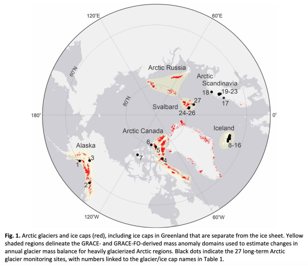 Map visualising Arctic ice caps and glaciers as of 2024