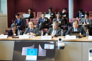 A delegation from Japan’s influential Business Federation (Keidanren), led by Masakazu Tokura, president of Sumitomo Chemical Co., attend a meeting at the European Commission in 2023