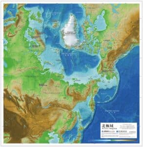 Detailed Arctic Region map centered on the Arctic Ocean, displaying northern Canada, Greenland, Russia, Alaska, Scandinavia, major Arctic islands, and labeled seas and coastlines