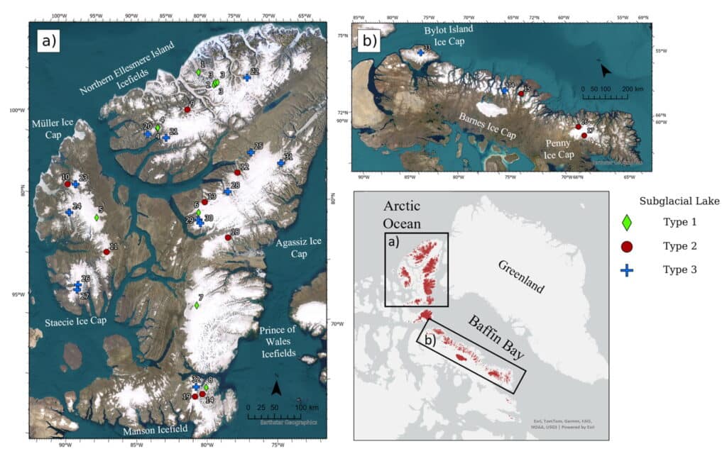 Map showing the geographical locations of the active subglacial lakes in the Canadian Arctic