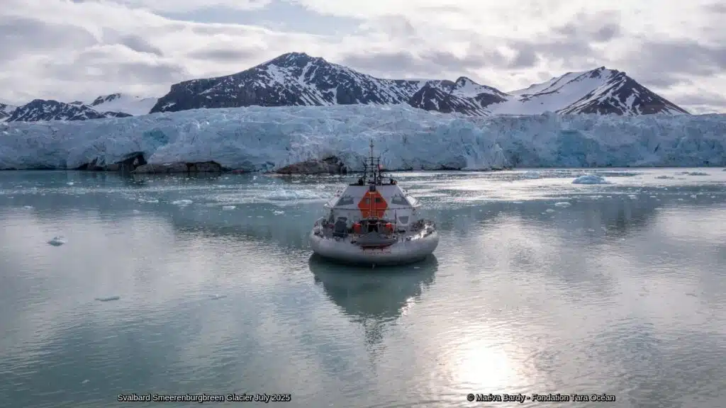 Research vessel Tara Polar Station sails near the Smeerenburgbreen Glacier in Svalbard, surrounded by Arctic ice, calm waters, and snow-covered mountains in July 2025.