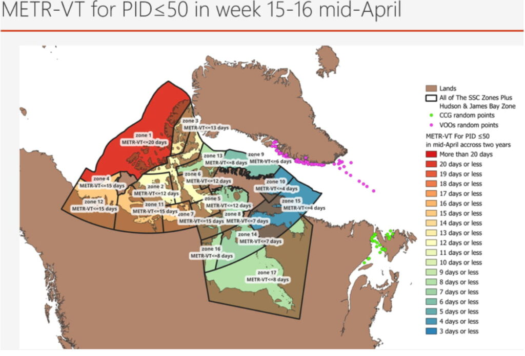 Map of the Canadian Arctic subdivided into zones showing that in mid-April time to rescue varies between 4 to more than 20 days