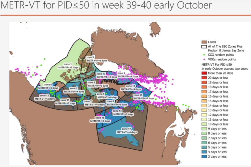 Map of the Canadian Arctic subdivided into zones showing that in early October time to rescue varies between 3 and 9 days