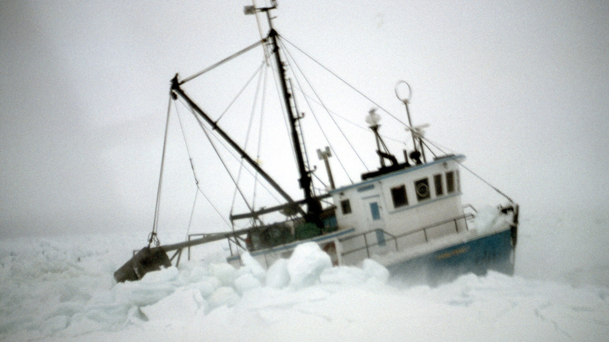 A fishing boat is stranded and tilted in thick sea ice under a gray, foggy sky