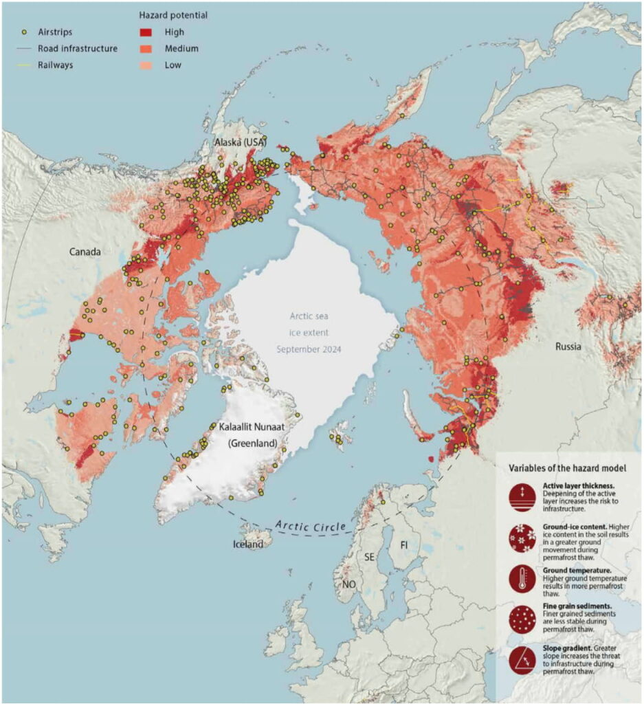 Map of Arctic permafrost thaw hazard potential across Alaska, Canada, Greenland, and Russia, showing infrastructure exposure including roads, railways, and airstrips
