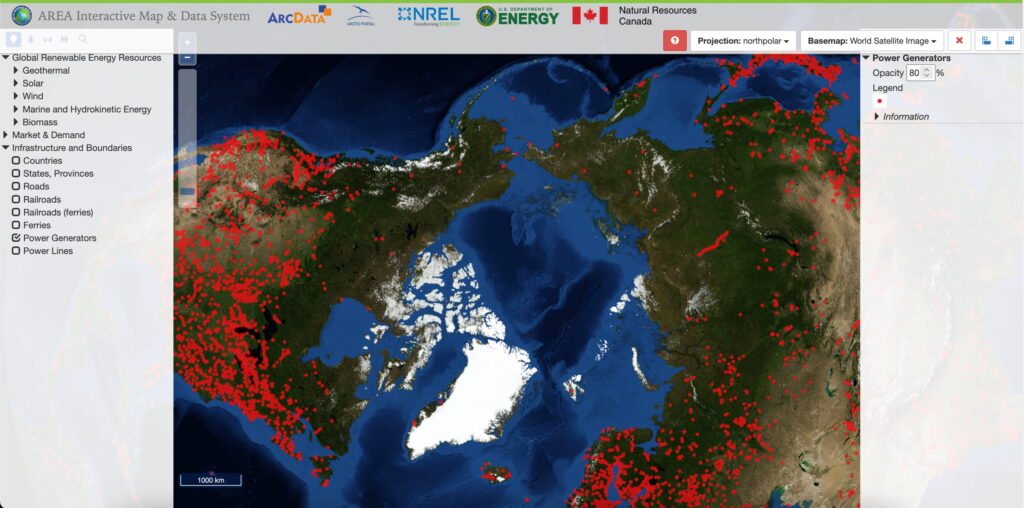 Interactive map of the Arctic region showing the distribution of power generators as red dots across North America, Europe, and Asia, with infrastructure and renewable energy layers available for display.