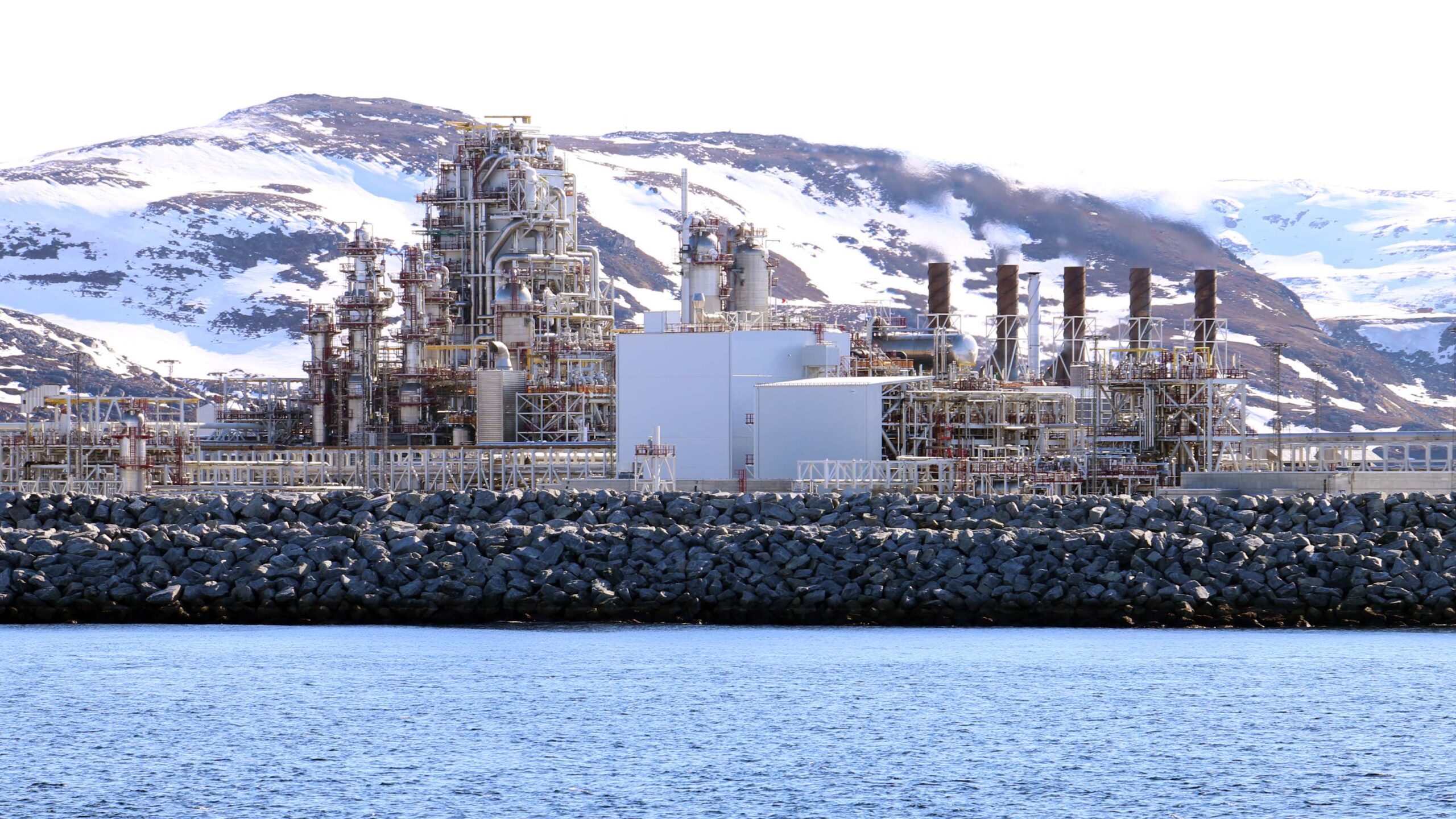 Liquefied natural gas (LNG) processing facility on a coastal shoreline with snow-covered mountains in the background
