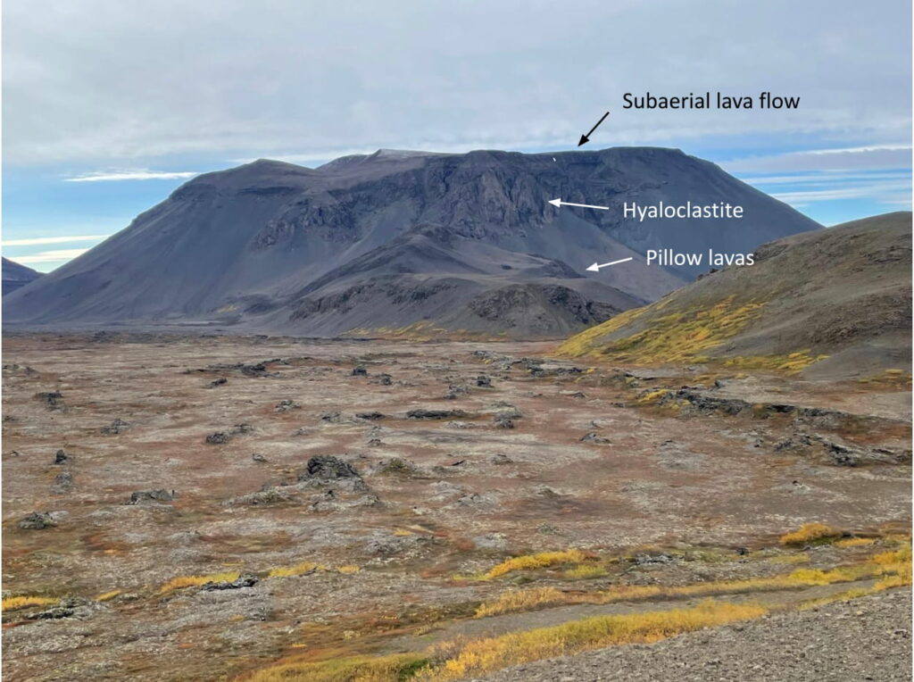 Field photograph of Búrfell tuya in northeast Iceland viewed from the southwest. Arrows label three volcanic rock units exposed on the mountain: pillow lavas at the base, hyaloclastite in the middle, and a subaerial lava flow forming the flat summit. The foreground is a sparsely vegetated volcanic plain with scattered lava outcrops under a cloudy sky