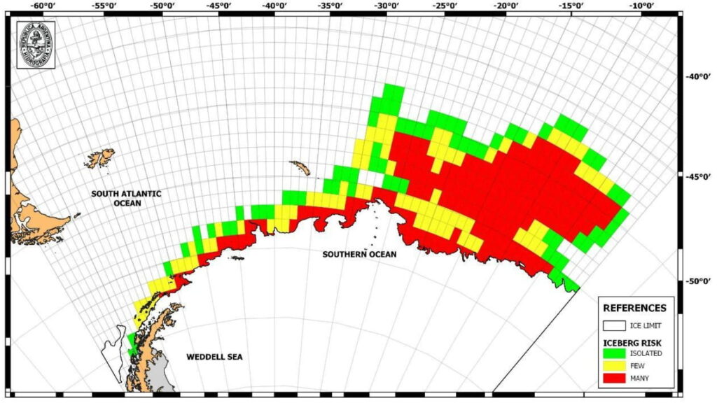 Map of the Antarctic Peninsula and surrounding Southern Ocean showing iceberg risk by grid cell, with colors indicating isolated (green), few (yellow), or many (red) icebergs relative to the sea ice limit