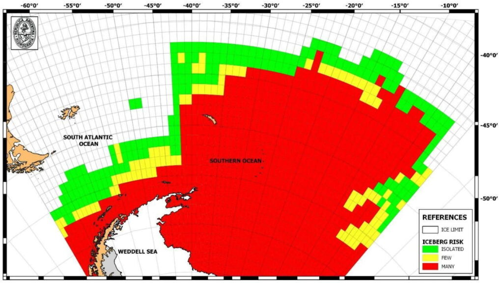 Map of the Antarctic Peninsula and surrounding Southern Ocean showing iceberg risk by grid cell, with colors indicating isolated (green), few (yellow), or many (red) icebergs relative to the sea ice limit