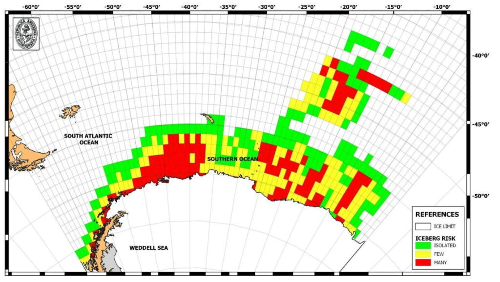 Map of the Antarctic Peninsula and surrounding Southern Ocean showing iceberg risk by grid cell, with colors indicating isolated (green), few (yellow), or many (red) icebergs relative to the sea ice limit