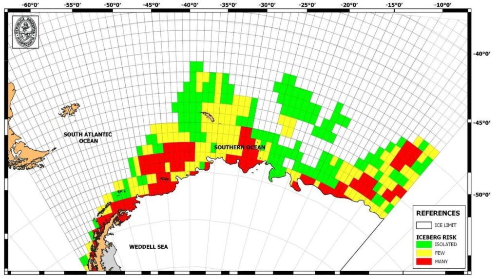 Map of the Antarctic Peninsula and surrounding Southern Ocean showing iceberg risk by grid cell, with colors indicating isolated (green), few (yellow), or many (red) icebergs relative to the sea ice limit