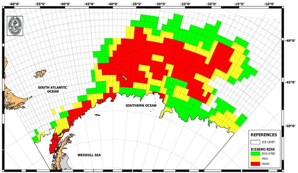 Map of the Antarctic Peninsula and surrounding Southern Ocean showing iceberg risk by grid cell, with colors indicating isolated (green), few (yellow), or many (red) icebergs relative to the sea ice limit