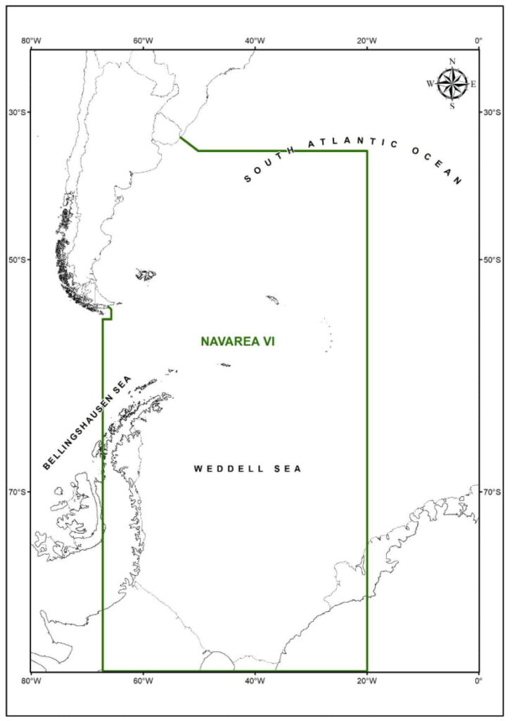 Map of NAVAREA VI showing its boundaries in the South Atlantic and Antarctic region, extending from the southeastern coast of South America to Antarctica. Major geographic labels include the South Atlantic Ocean, Weddell Sea, and Bellingshausen Sea