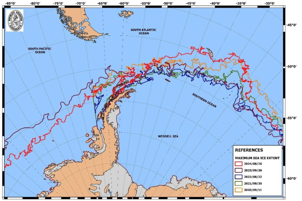Map of the Antarctic Peninsula and surrounding Southern Ocean showing the maximum sea ice extent for five years (2020–2024), with colored lines comparing the seasonal ice edge around the peninsula and Weddell Sea