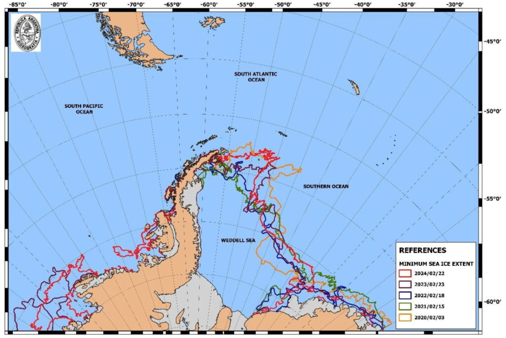 Map of the Antarctic Peninsula and surrounding Southern Ocean showing the minimum sea ice extent for five years (2020–2024), with colored lines comparing the seasonal ice edge around the peninsula and Weddell Sea
