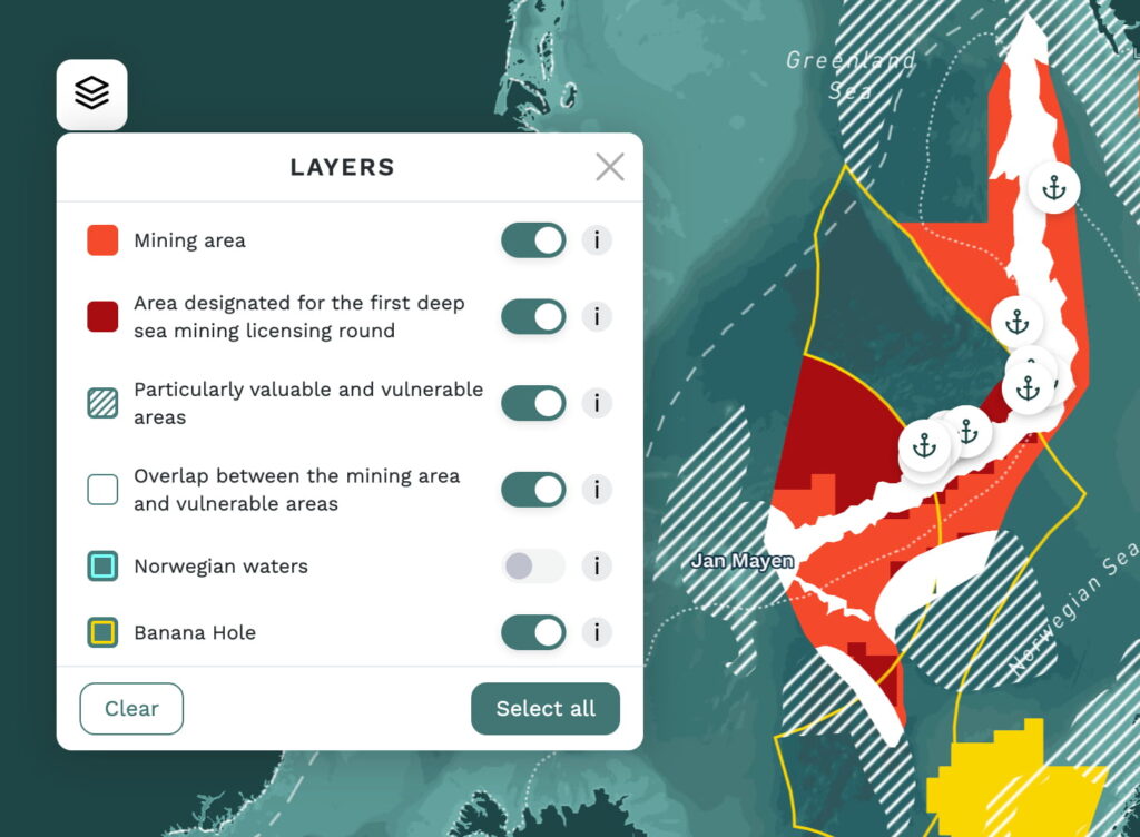 Map of the Jan Mayen area showing deep-sea mining zones, vulnerable marine areas, overlap areas, Norwegian waters, and the Banana Hole, with the map layers panel open