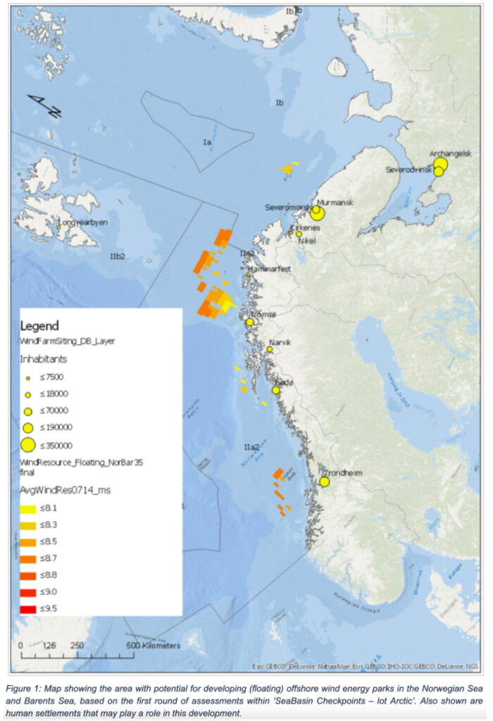 Map of northern Norway and the surrounding Norwegian and Barents seas showing potential areas for floating offshore wind farms, color-coded by average wind speed, with major coastal settlements marked by population size