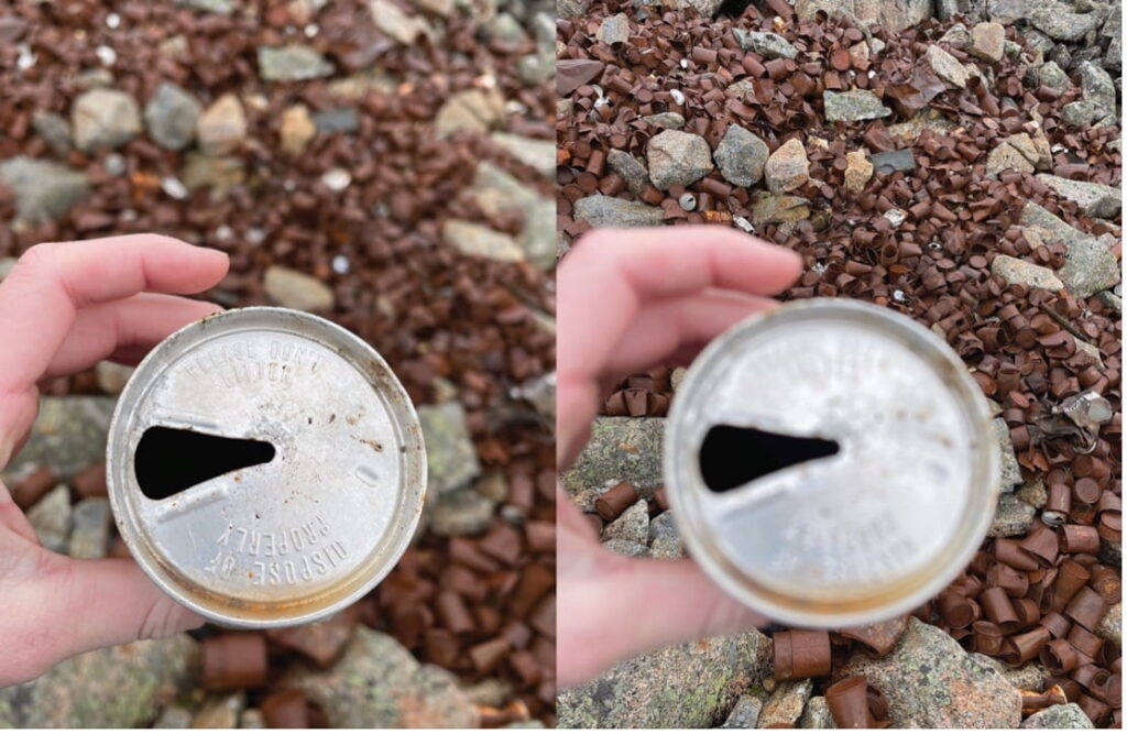 Close-up comparison of a discarded metal can lid against rocky ground covered with reddish stones