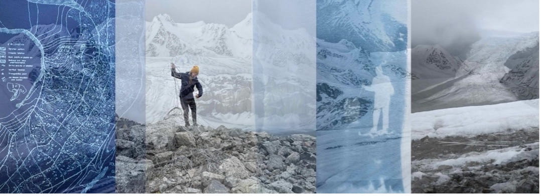 A map, photographs, and a painting of the same mountains and glacier are combined to show transparent layers