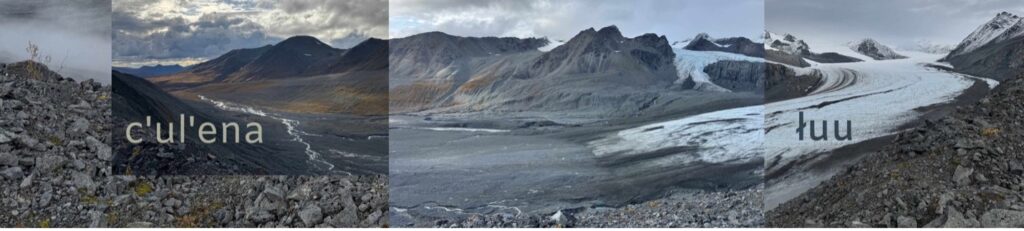 Panoramic view of C'ul'ena and Tuu landscapes, featuring rugged Alaskan mountains, rocky terrain, and expansive glaciers beneath a cloudy sky